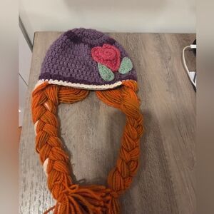 Anna Inspired Purple and Orange Crochet Knit Lined Hat with Braids